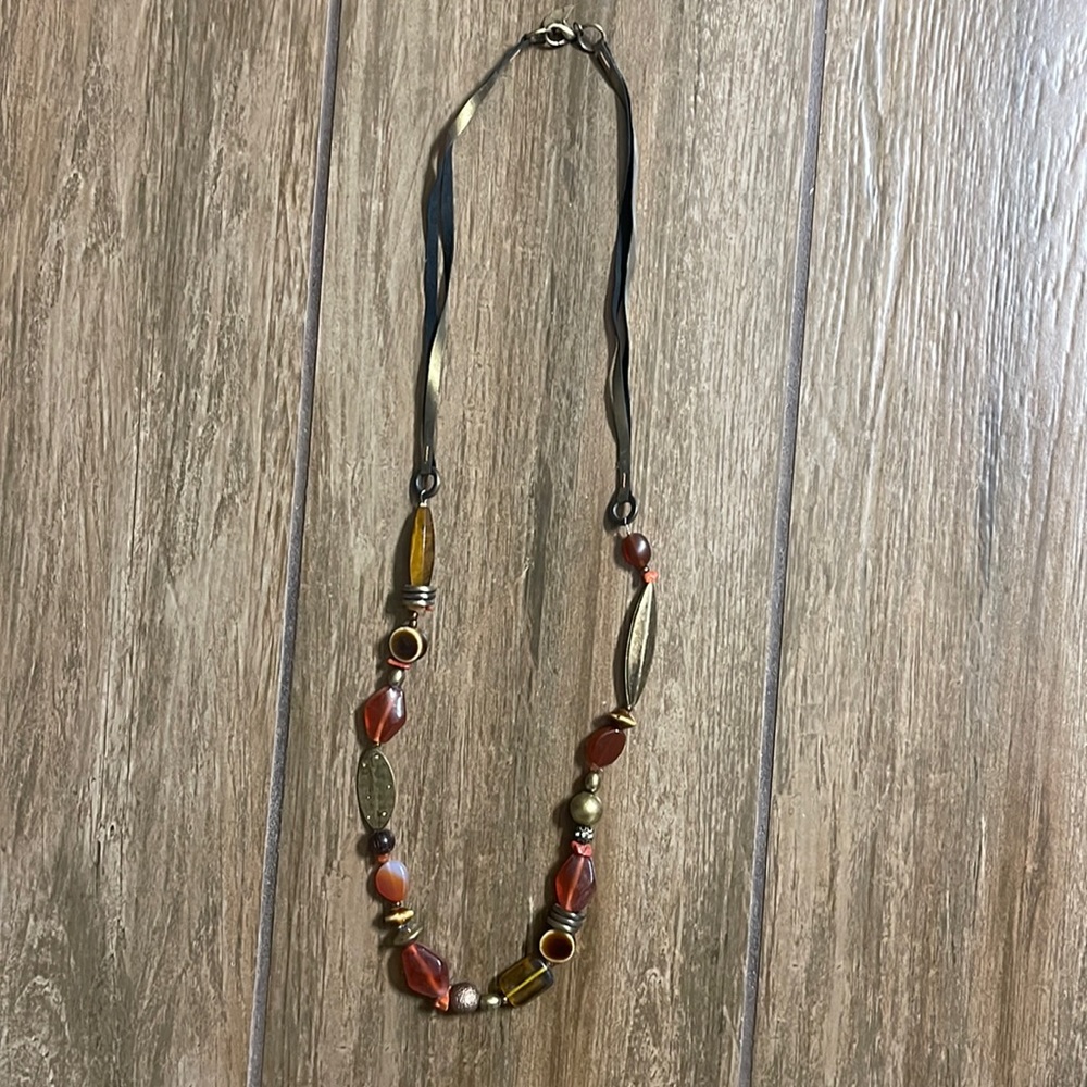 Brown, Orange, and Brushed Gold Beaded Long Necklace